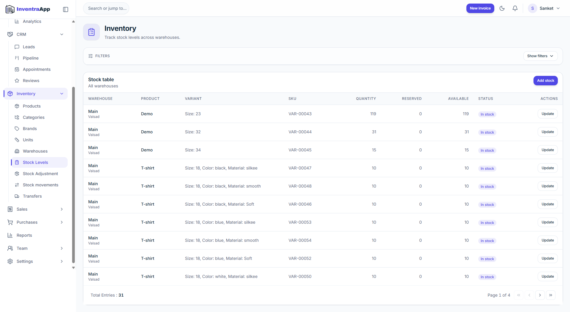 InventraApp catalog and inventory tracking interface