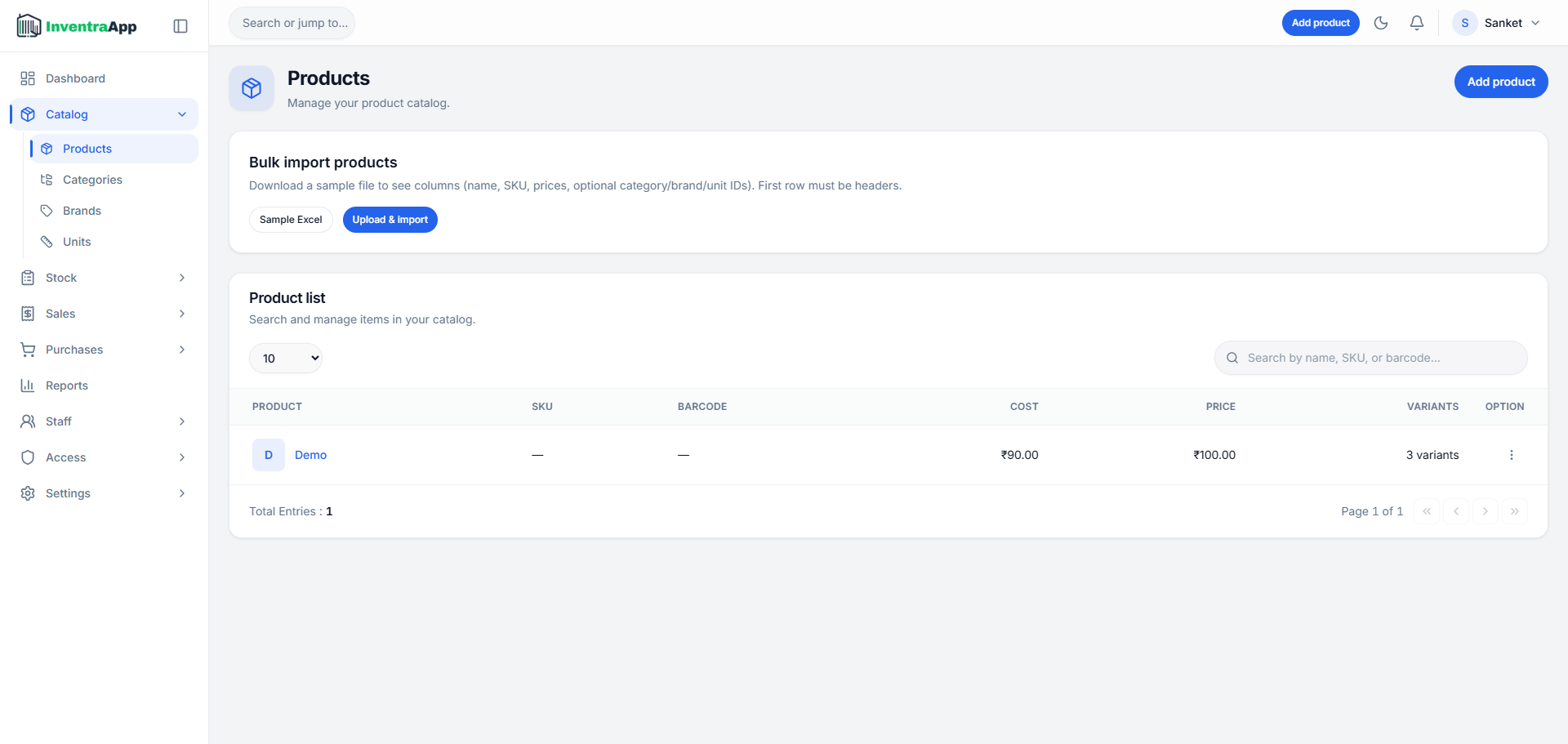 InventraApp catalog and stock levels