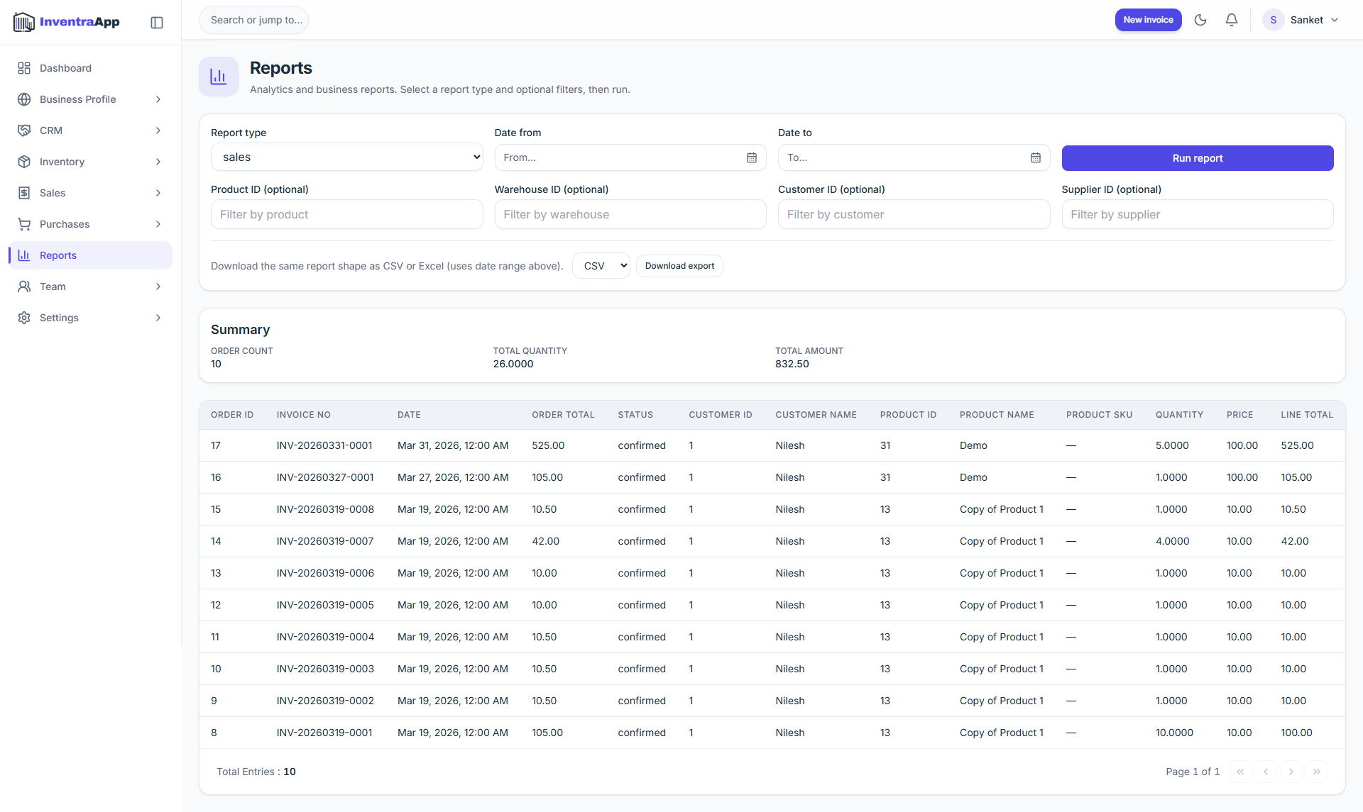 InventraApp analytics and reporting
